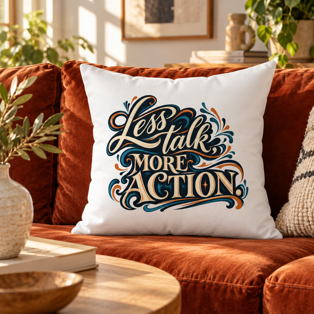 Less Talk, More Action. Inspirational white pillow — Lifestyle