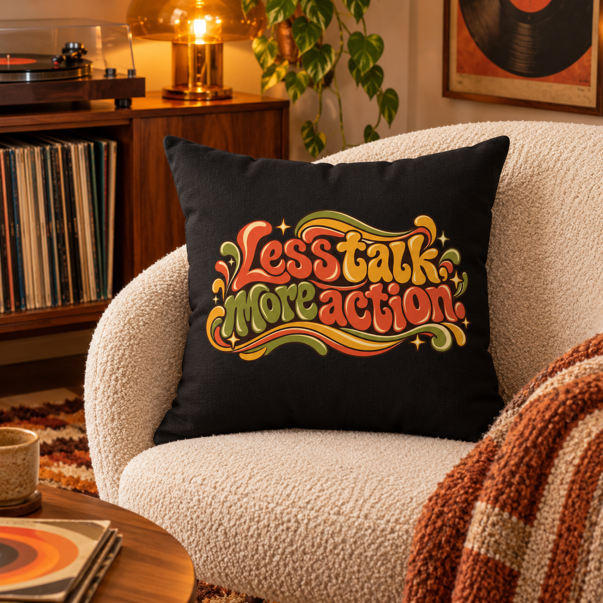 Less Talk, More Action. Retro black pillow — Lifestyle