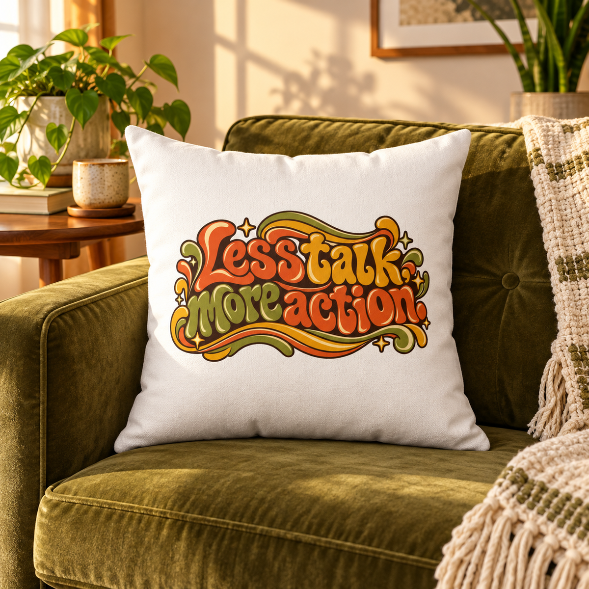 Less Talk, More Action. Retro white pillow — Lifestyle