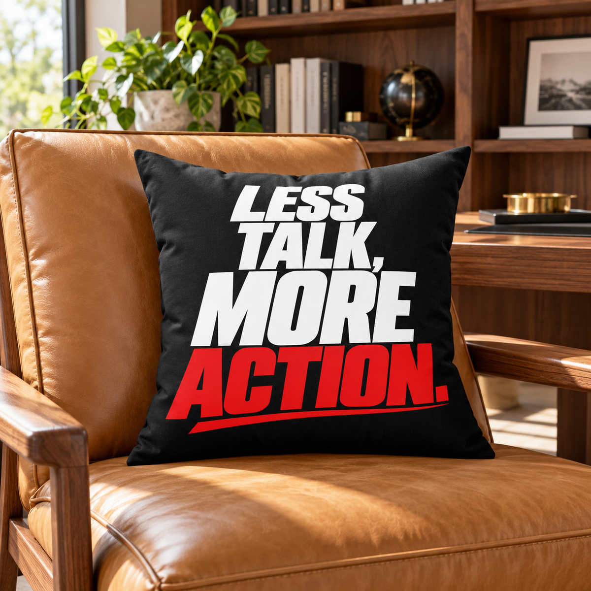 Less Talk, More Action. Simple black pillow — Lifestyle