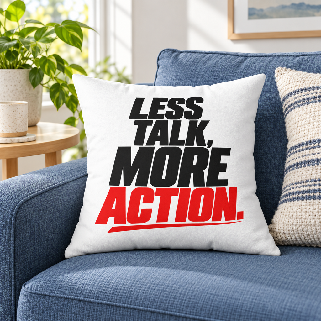 Less Talk, More Action. Simple white pillow — Lifestyle