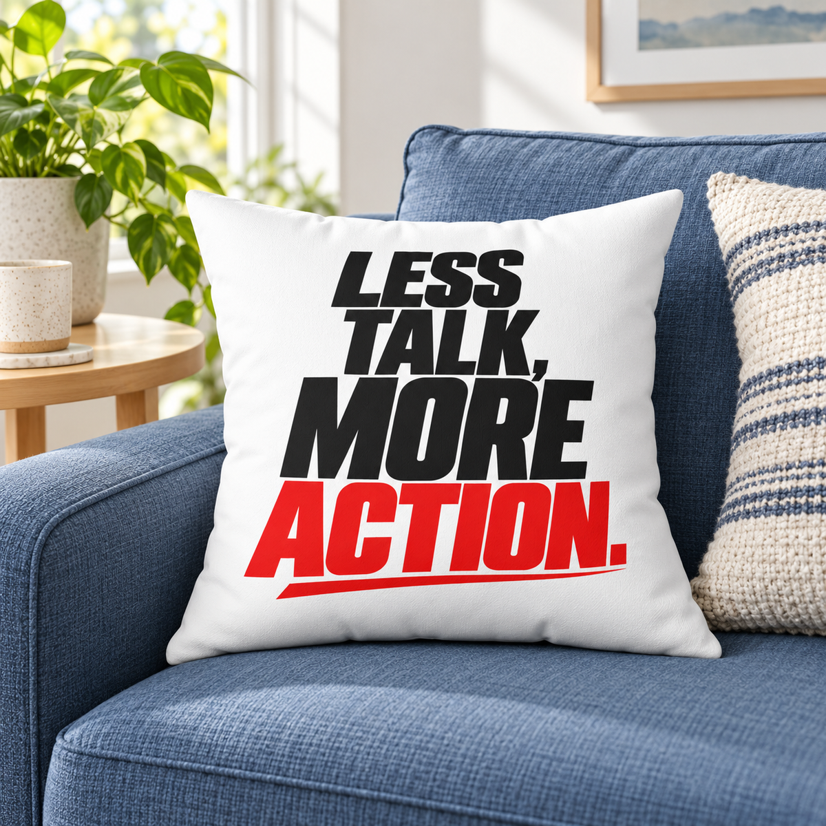 Less Talk, More Action. Simple white pillow — Lifestyle