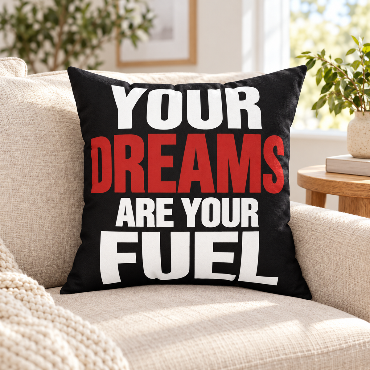 Your Dreams Are Your Fuel black pillow in a living room lifestyle setting