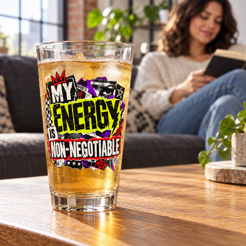 My Energy Is Non-Negotiable pint glass on a coffee table in a bright living room
