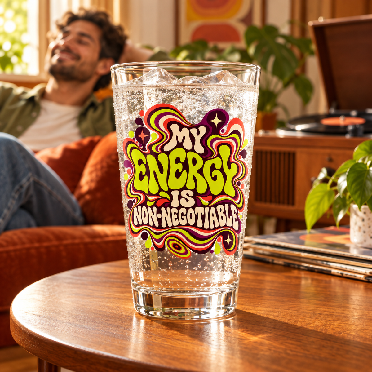 My Energy Is Non-Negotiable Retro & Psychedelic pint glass lifestyle scene