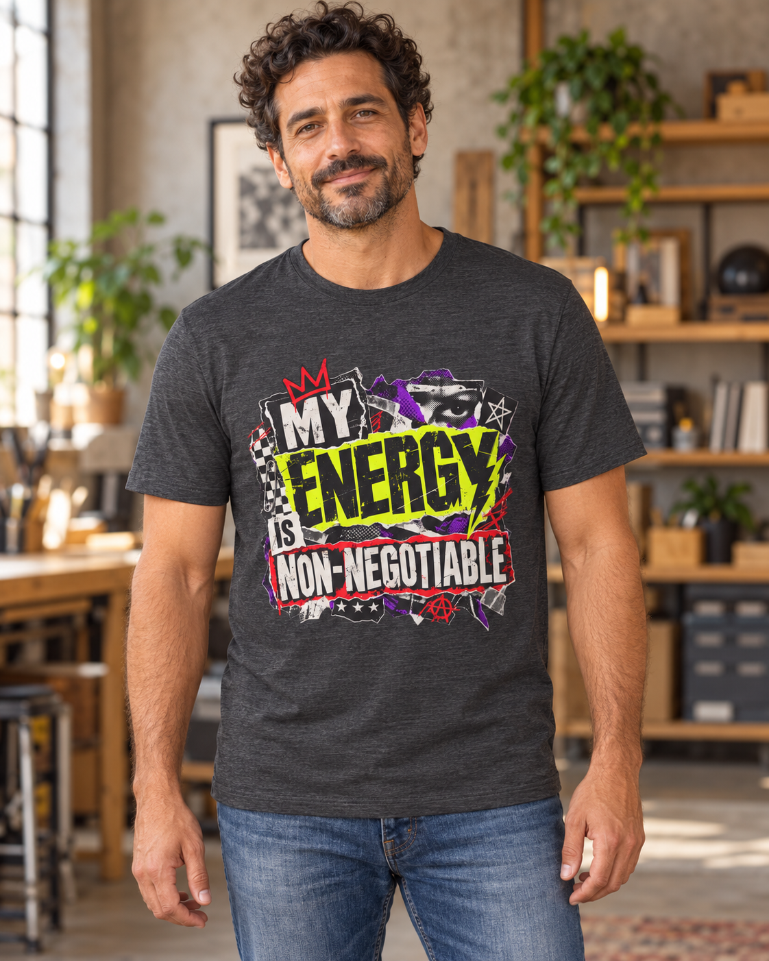 dark grey heather My Energy Is Non-Negotiable T-shirt lifestyle mockup