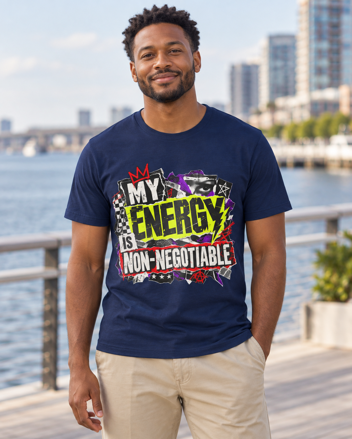 navy My Energy Is Non-Negotiable T-shirt lifestyle mockup