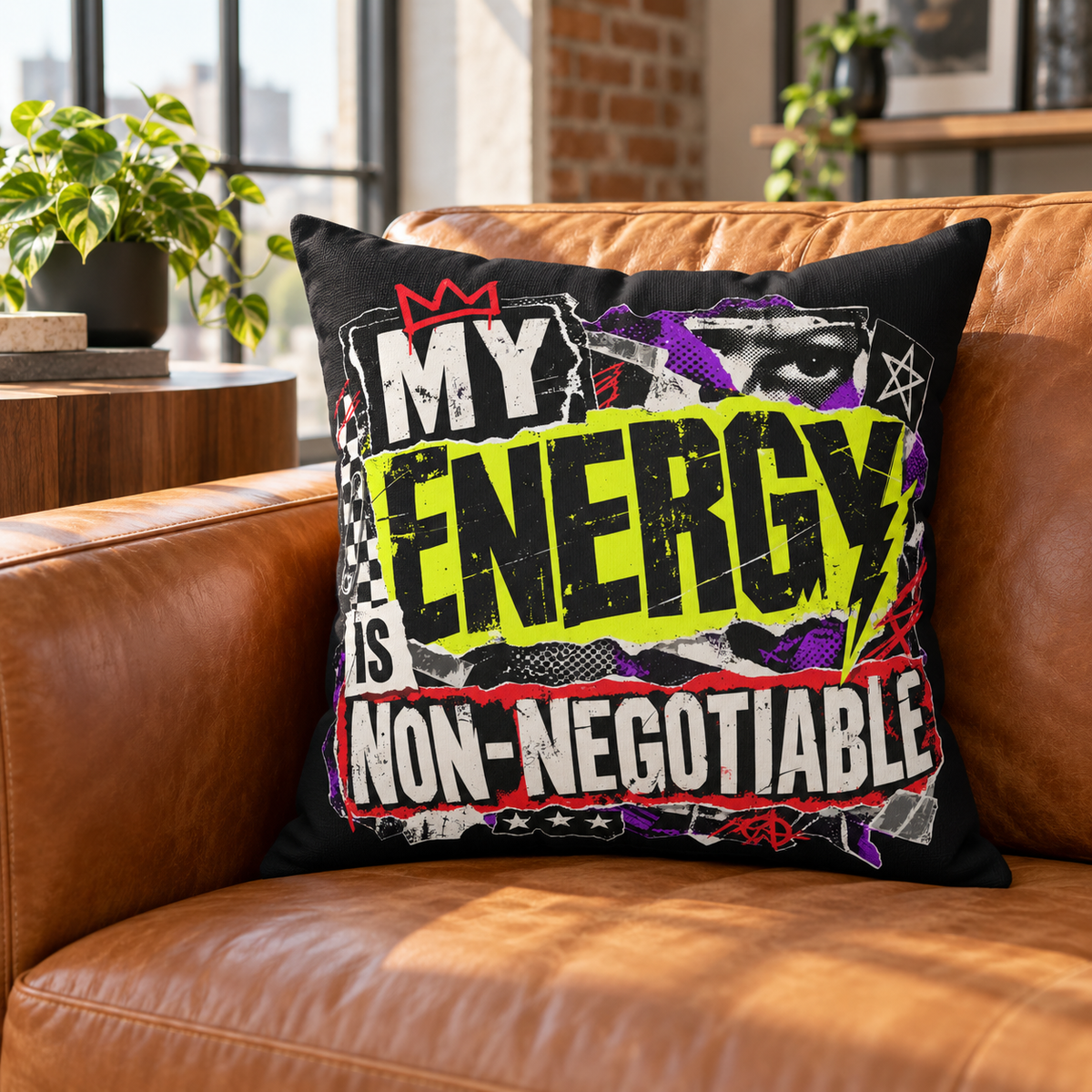 My Energy Is Non-Negotiable black pillow lifestyle mockup