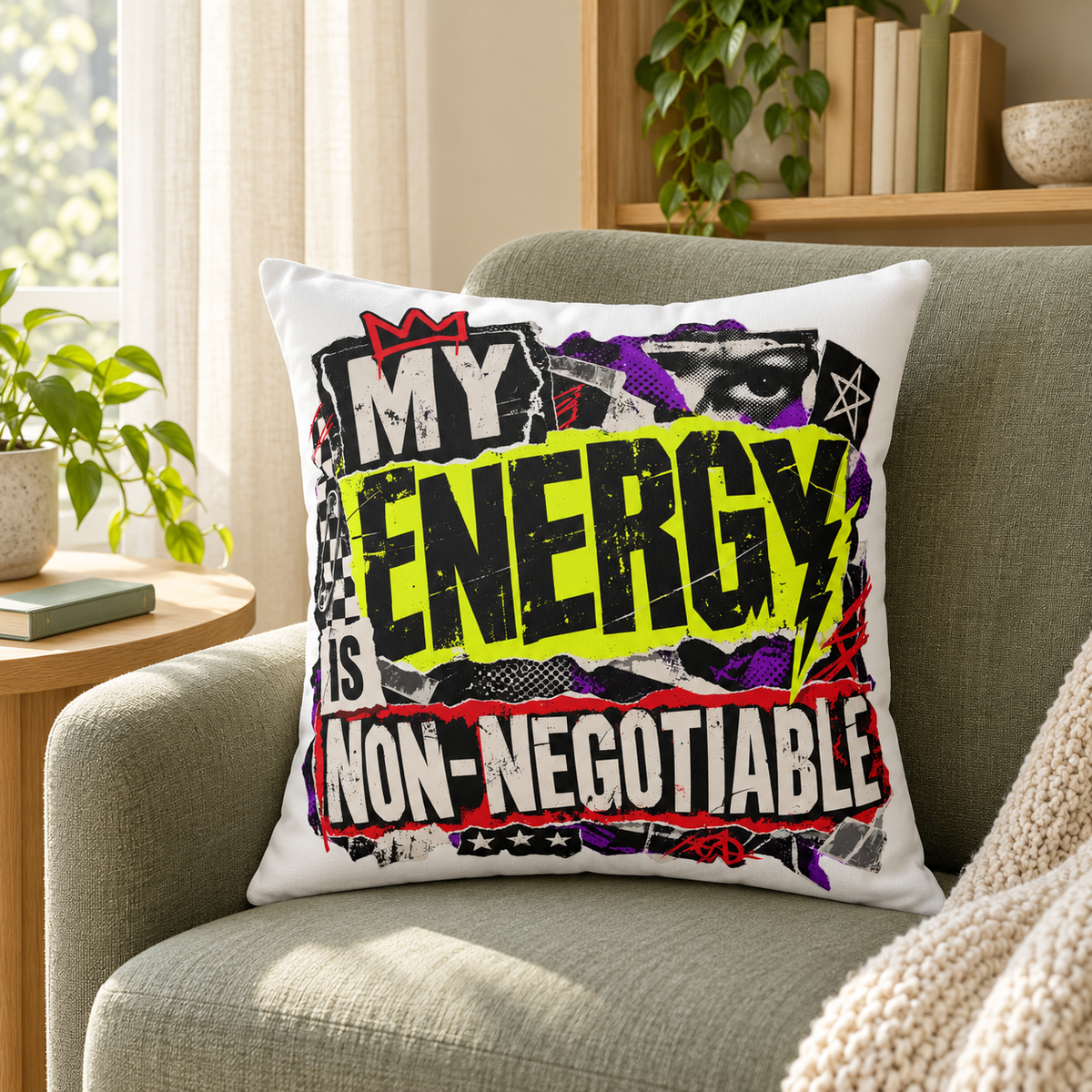 My Energy Is Non-Negotiable white pillow lifestyle mockup