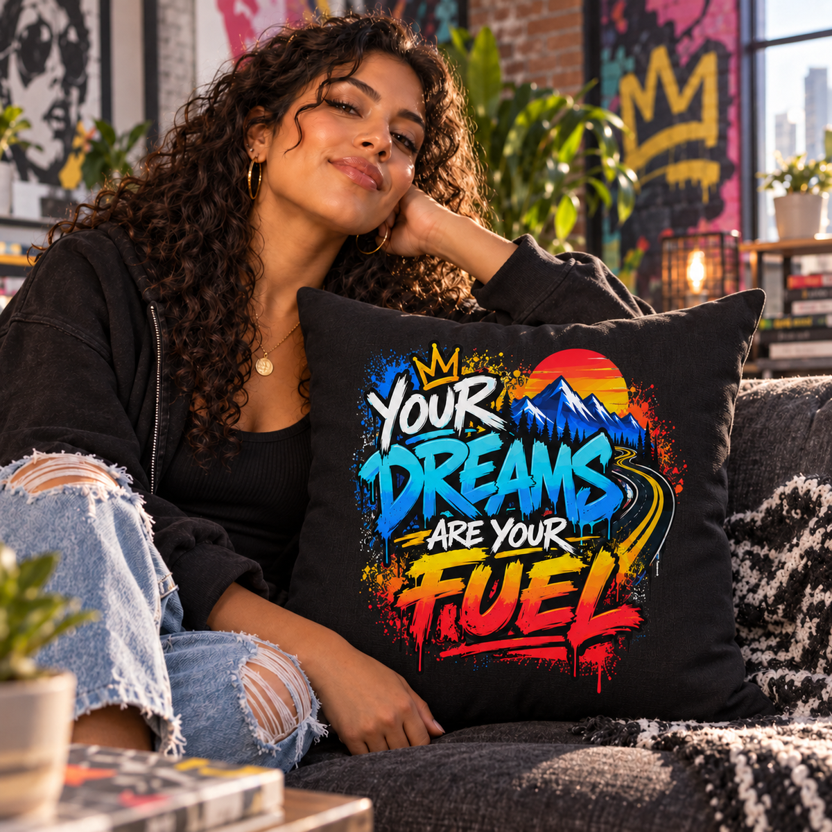 Echo Motif Your Dreams Are Your Fuel Graffiti & Street Art black pillow lifestyle mockup