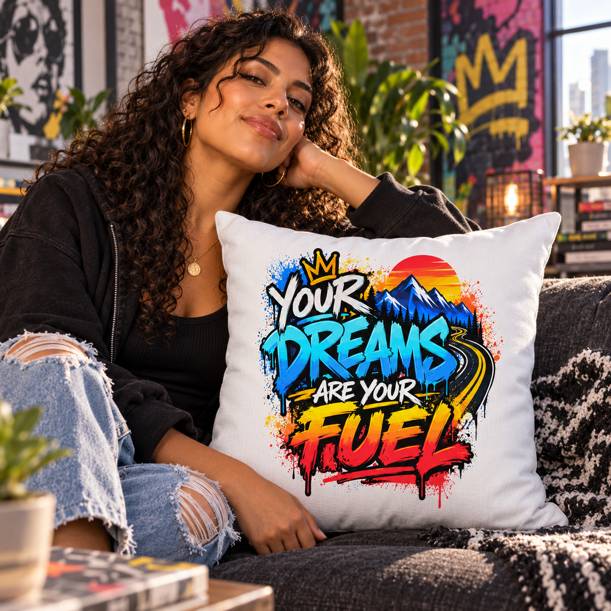 Echo Motif Your Dreams Are Your Fuel Graffiti & Street Art white pillow lifestyle mockup