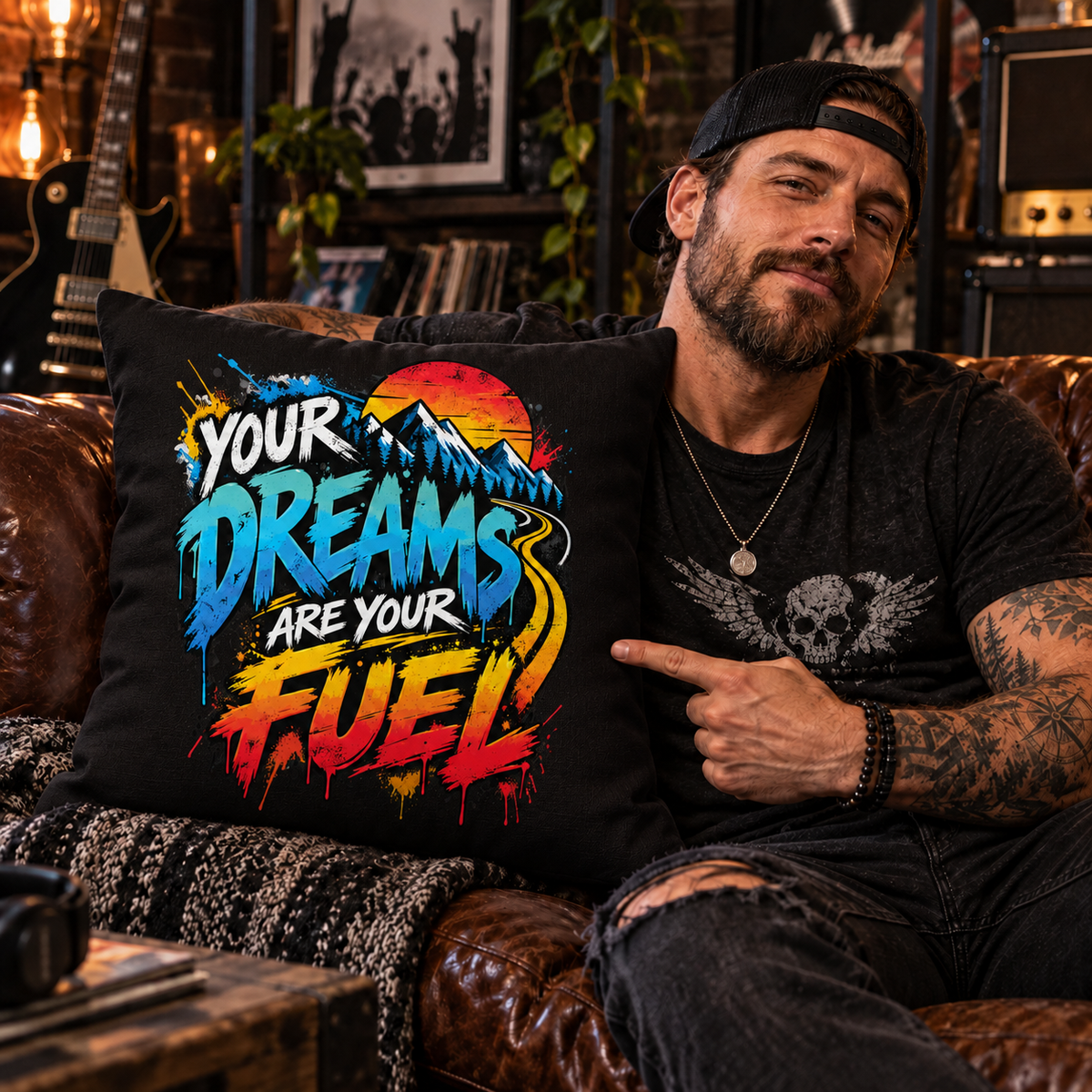Echo Motif Your Dreams Are Your Fuel Grunge & Vibrant black pillow lifestyle mockup