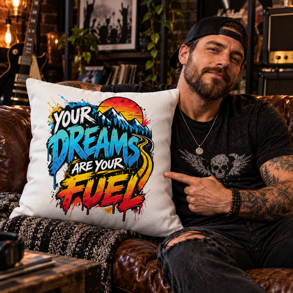 Echo Motif Your Dreams Are Your Fuel Grunge & Vibrant white pillow lifestyle mockup