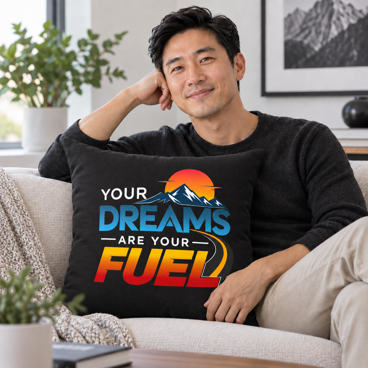 Echo Motif Your Dreams Are Your Fuel Modern & Minimalist black pillow lifestyle mockup