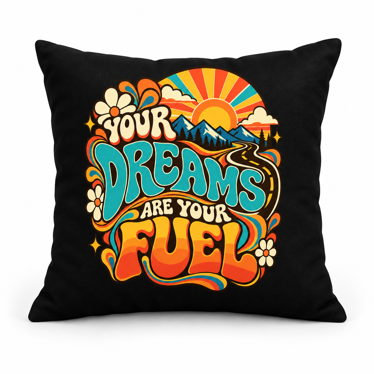 Echo Motif Your Dreams Are Your Fuel Retro & Psychedelic black pillow clean mockup