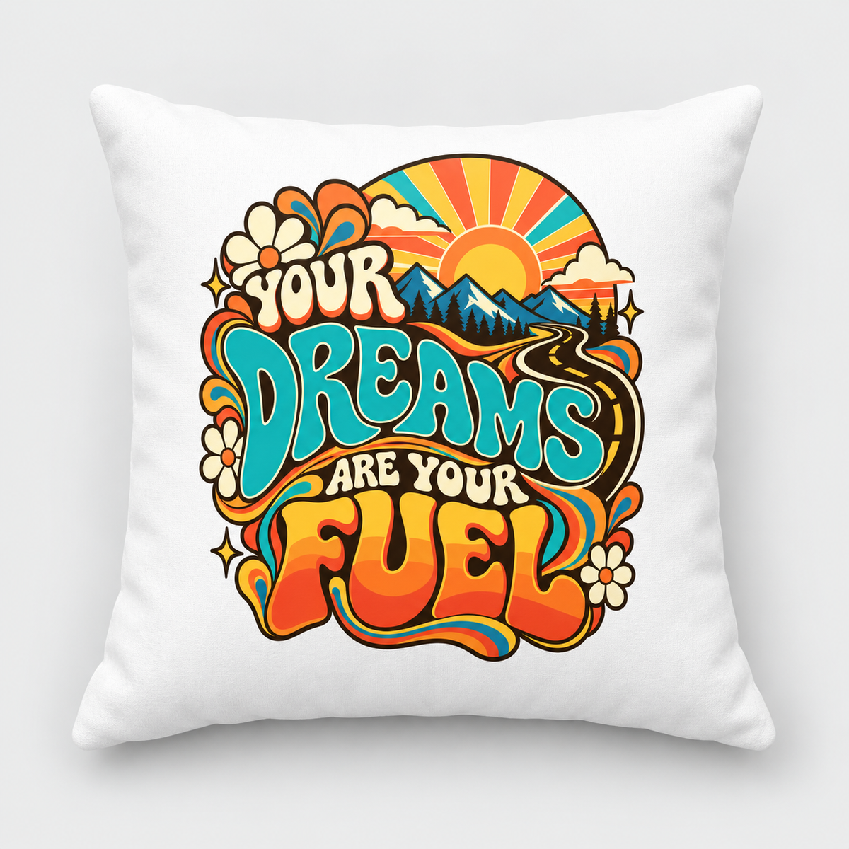 Echo Motif Your Dreams Are Your Fuel Retro & Psychedelic white pillow clean mockup