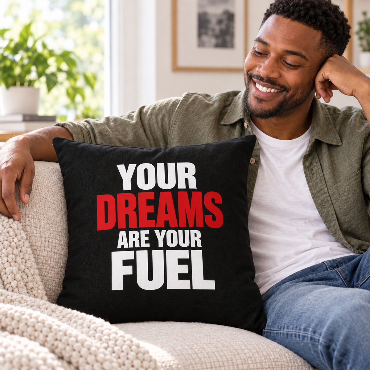 Echo Motif Your Dreams Are Your Fuel Simple & Direct black pillow lifestyle mockup