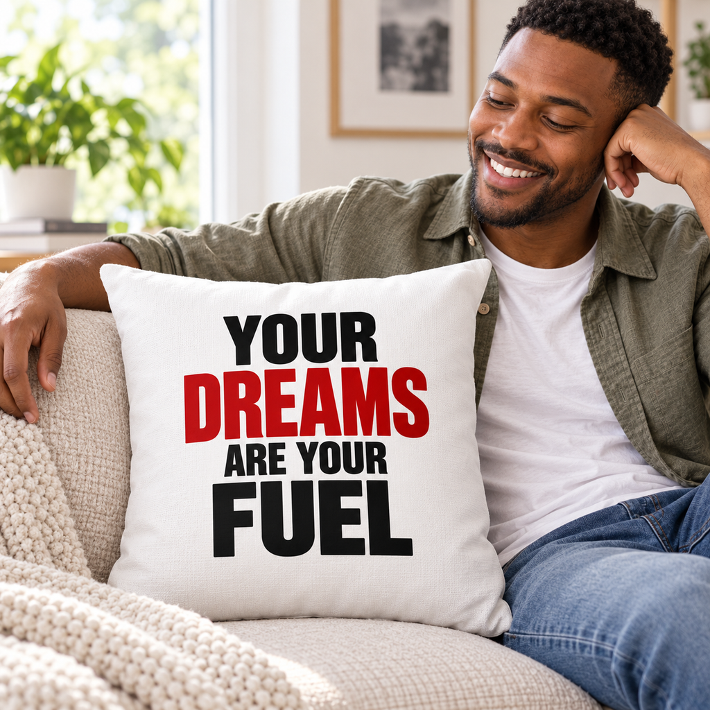 Echo Motif Your Dreams Are Your Fuel Simple & Direct white pillow lifestyle mockup