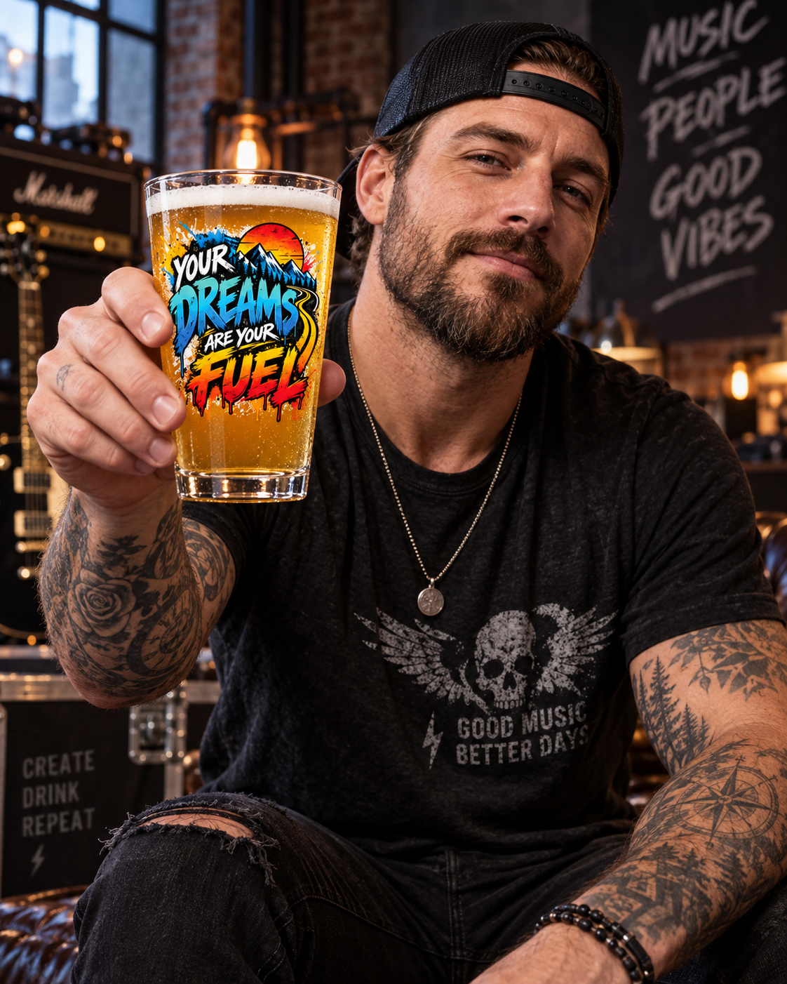 Your Dreams Are Your Fuel Pint Glass — Grunge & Vibrant lifestyle image