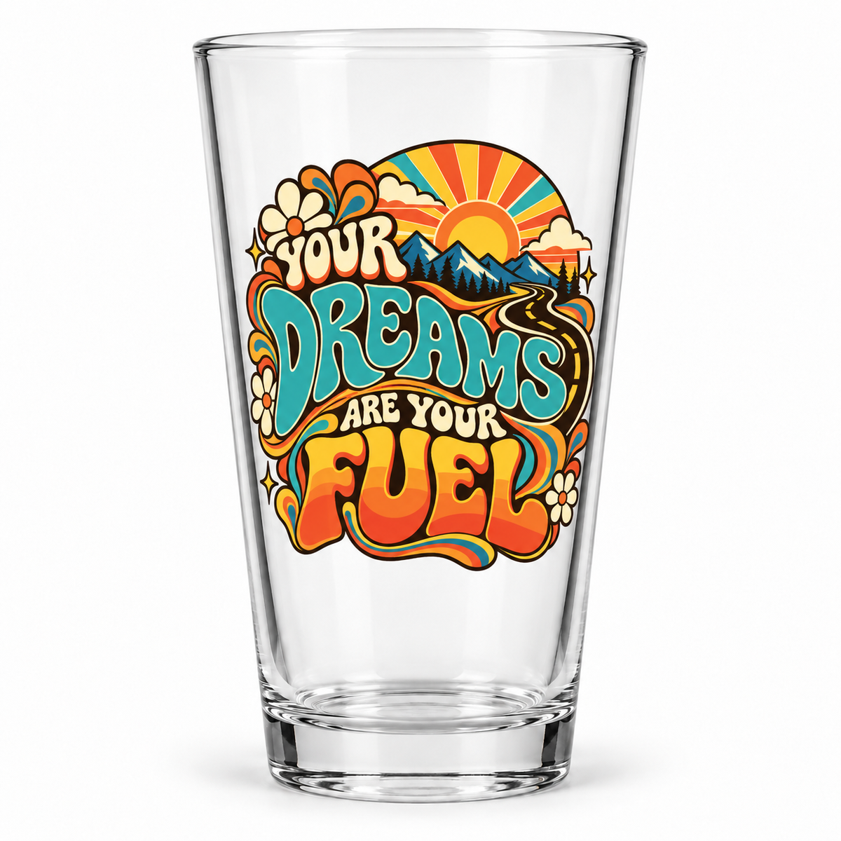 Your Dreams Are Your Fuel Pint Glass — Retro & Psychedelic clean product mockup