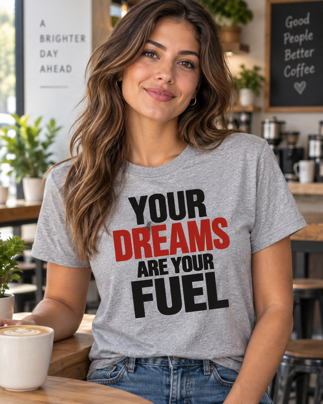 Lifestyle view of Athletic Heather Your Dreams Are Your Fuel Simple & Direct Echo Motif T-shirt