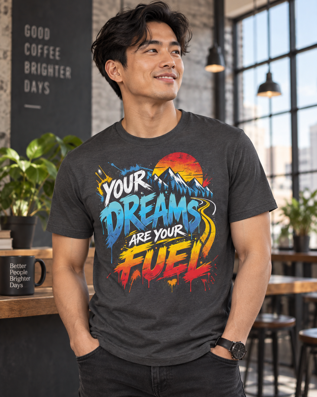 Asphalt Your Dreams Are Your Fuel Grunge & Vibrant lifestyle mock with man in industrial loft