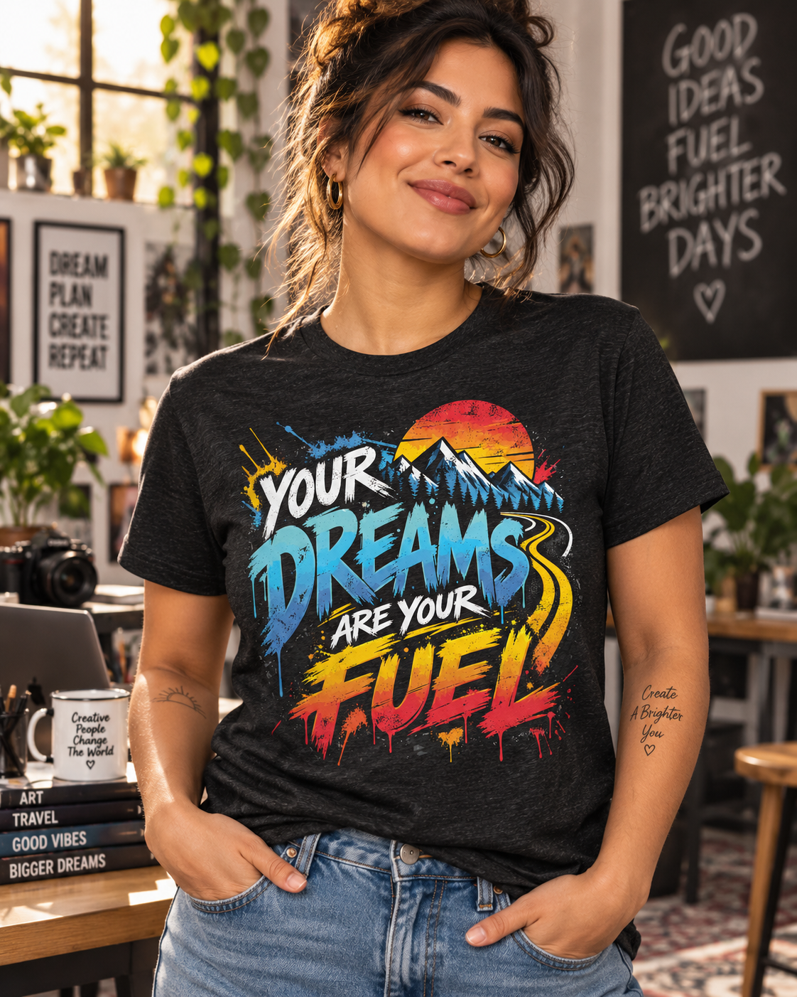 Black Heather Your Dreams Are Your Fuel Grunge & Vibrant lifestyle mock with woman in creative loft