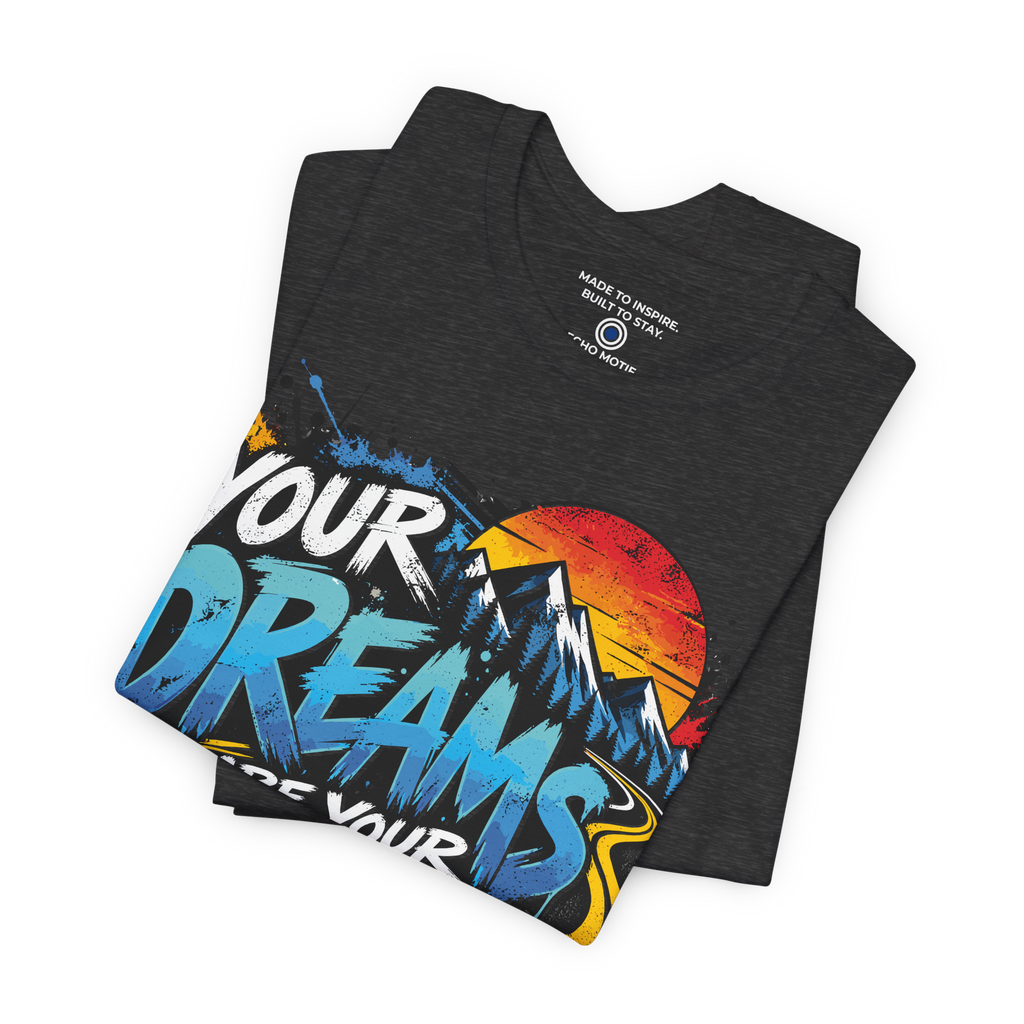 Folded Dark Grey Heather Your Dreams Are Your Fuel Grunge & Vibrant Echo Motif T-shirt with inner-neck branding