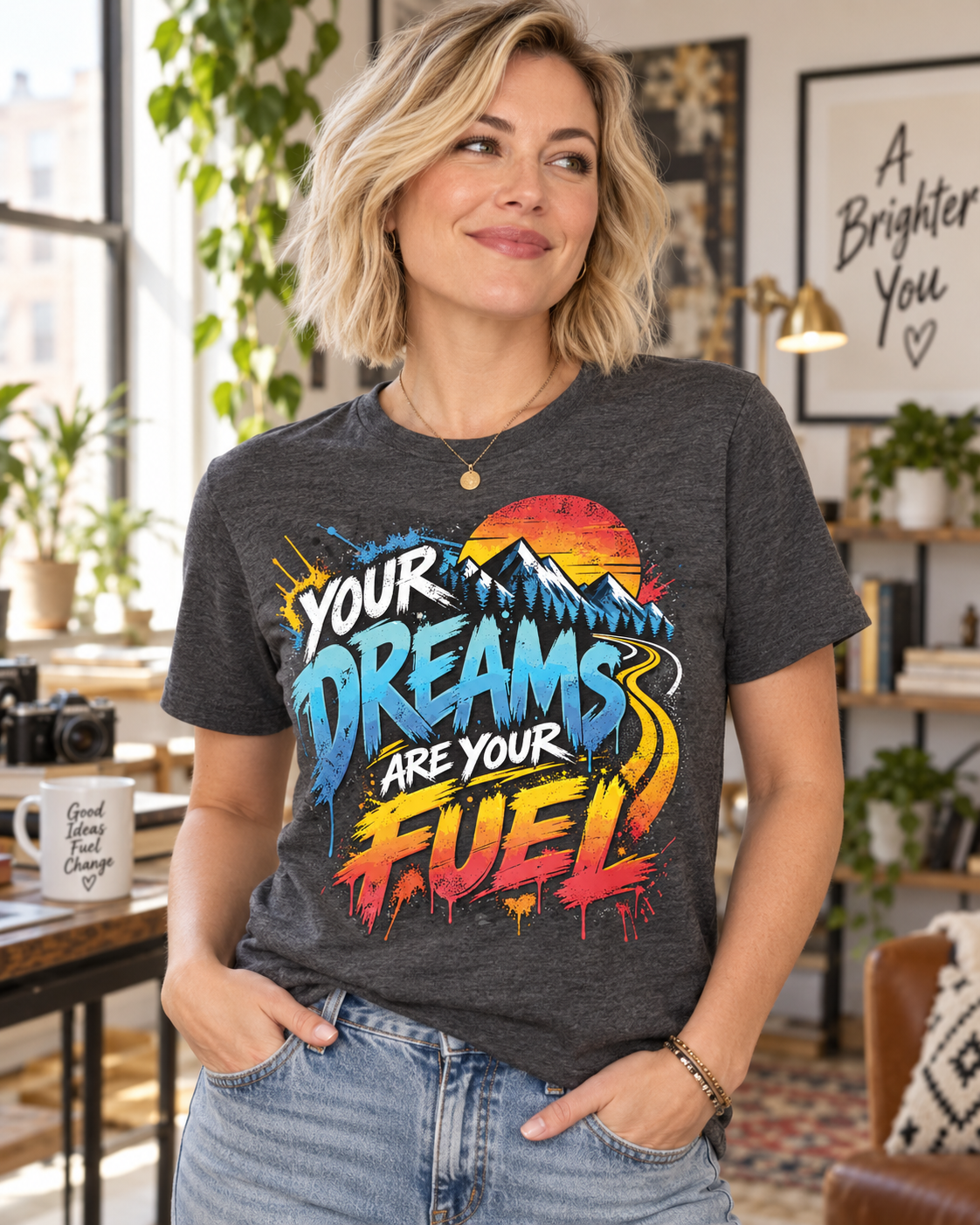 Dark Grey Heather Your Dreams Are Your Fuel Grunge & Vibrant lifestyle mock with woman in bright creative studio