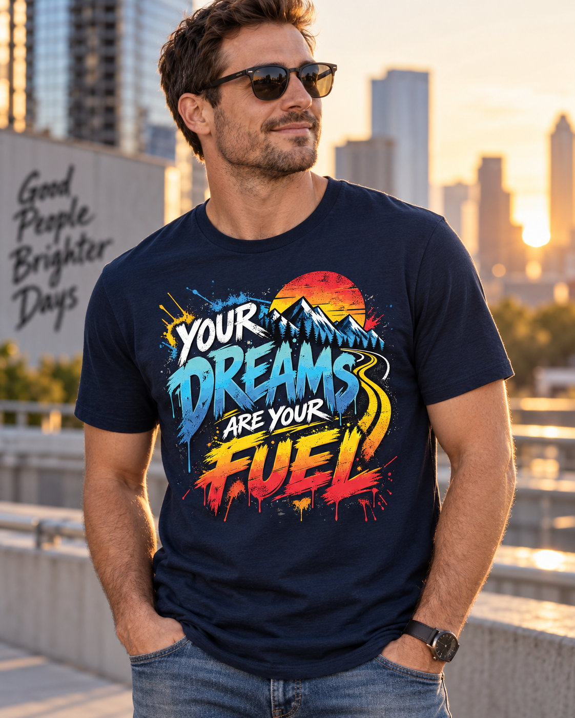 Navy Your Dreams Are Your Fuel Grunge & Vibrant lifestyle mock with man at golden hour