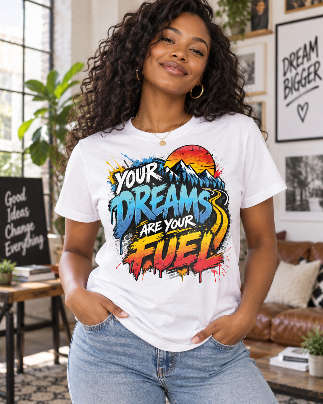 White Your Dreams Are Your Fuel Grunge & Vibrant lifestyle mock with woman in sunlit loft