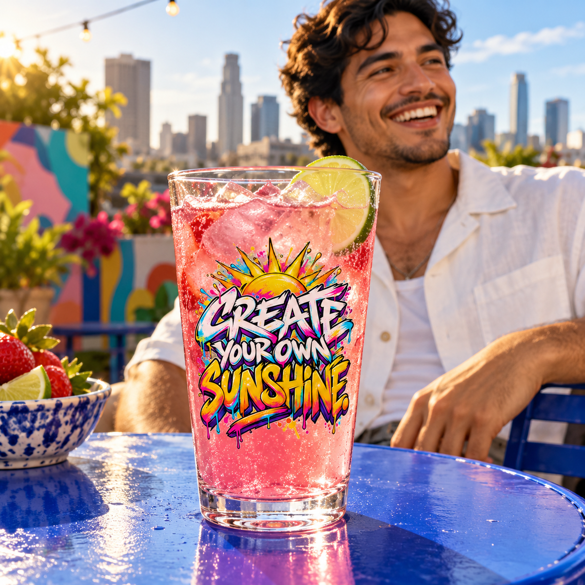 Create Your Own Sunshine. Pint Glass — Graffiti & Street Art — lifestyle with strawberry-lime spritzer