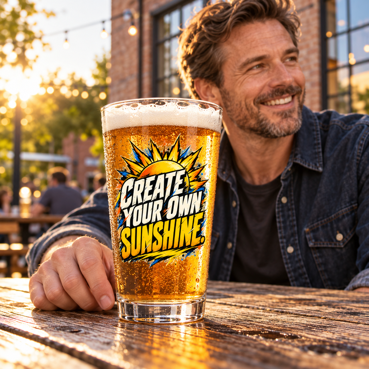 Create Your Own Sunshine. Pint Glass — Grunge & Vibrant — lifestyle with amber beer