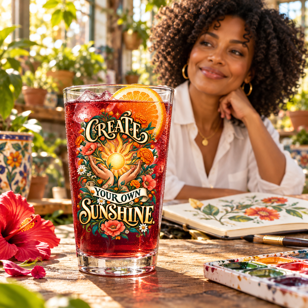 Create Your Own Sunshine. Pint Glass — Inspirational & Artistic — lifestyle with hibiscus iced tea
