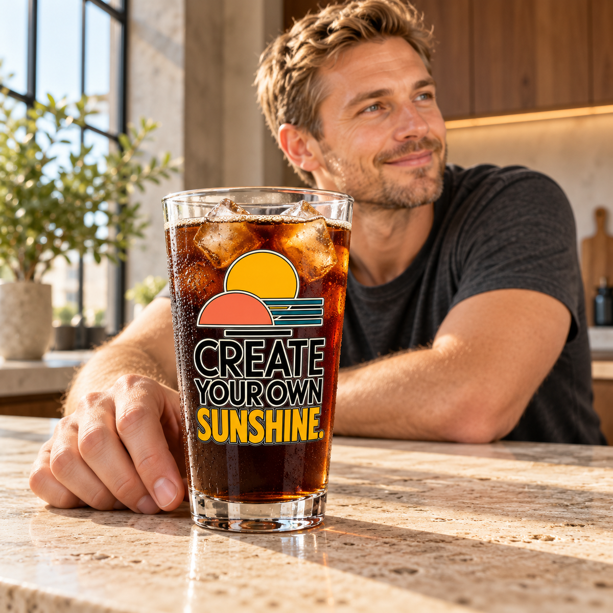 Create Your Own Sunshine. Pint Glass — Modern & Minimalist — lifestyle with iced cold-brew coffee
