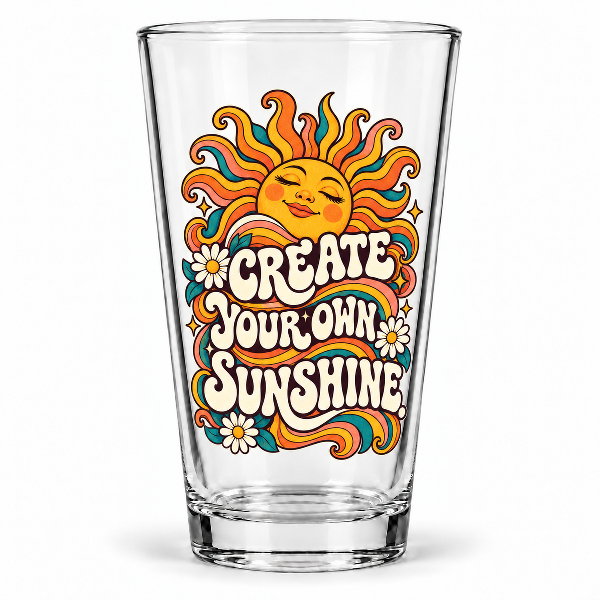 Create Your Own Sunshine. Pint Glass — Retro & Psychedelic — clear 16 oz product view