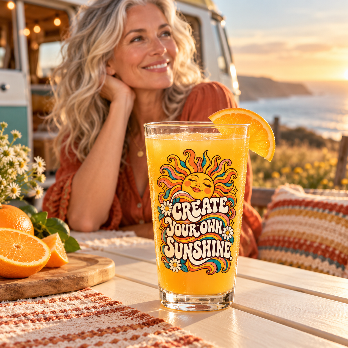 Create Your Own Sunshine. Pint Glass — Retro & Psychedelic — lifestyle with orange juice