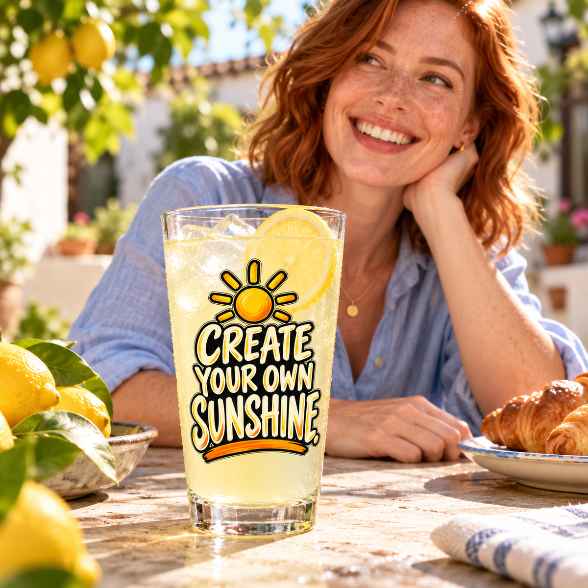 Create Your Own Sunshine. Pint Glass — Simple & Direct — lifestyle with lemonade