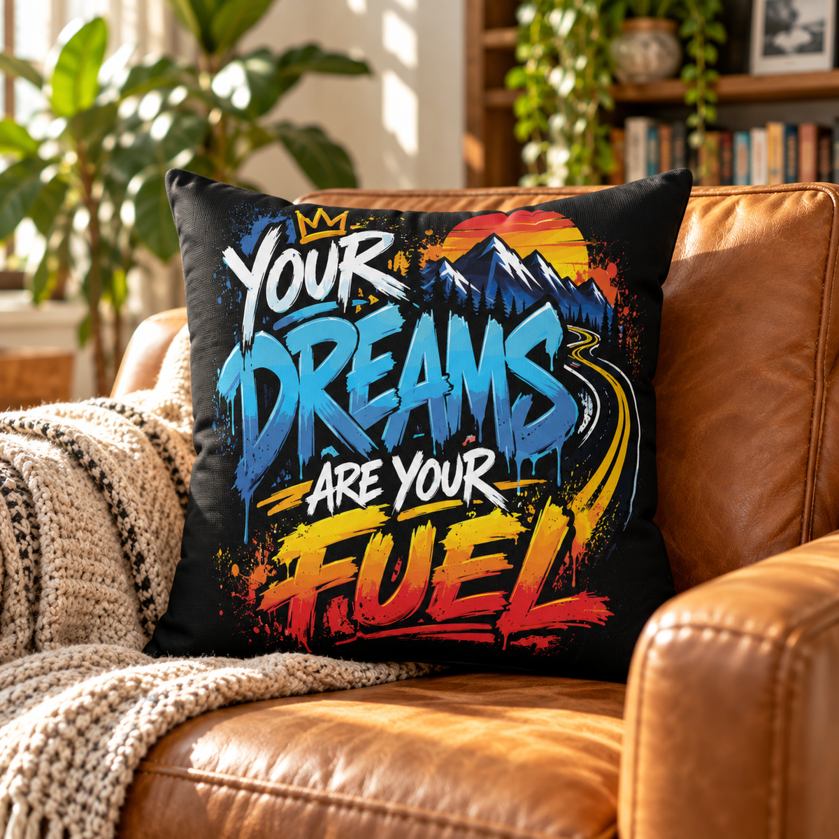 Your Dreams Are Your Fuel Graffiti & Street Art black pillow — lifestyle mockup