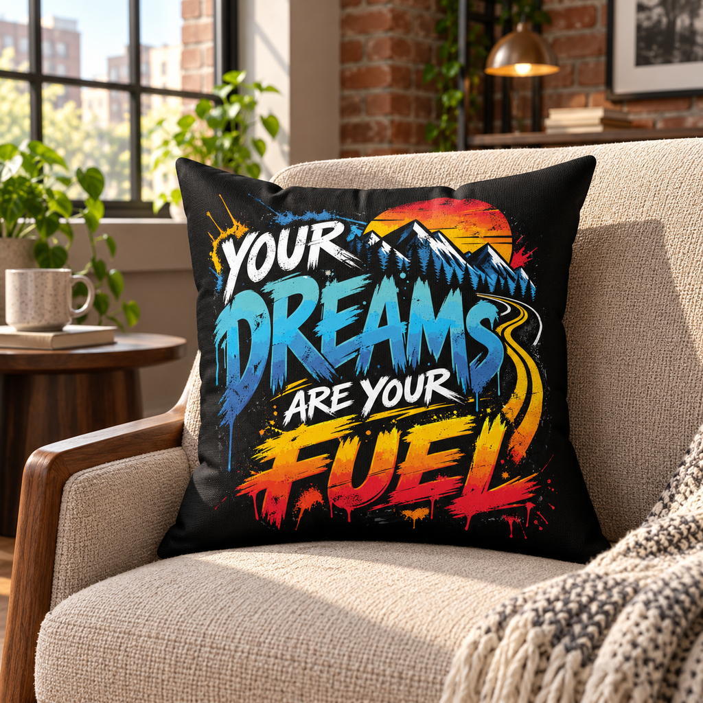 Your Dreams Are Your Fuel Grunge & Vibrant black pillow — lifestyle mockup