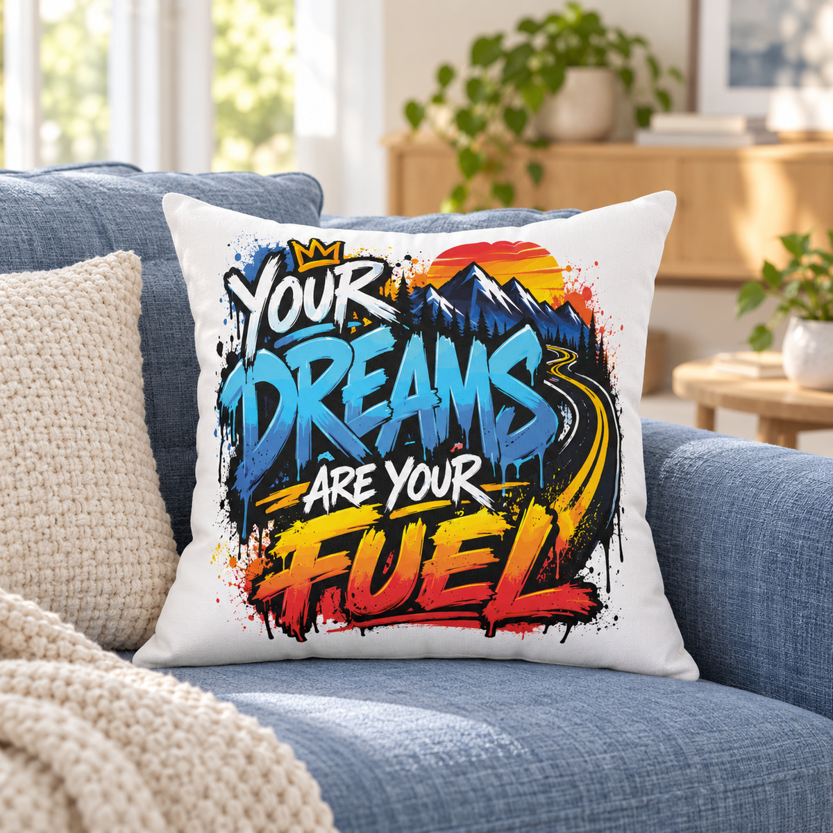 Your Dreams Are Your Fuel Graffiti & Street Art white pillow — lifestyle mockup