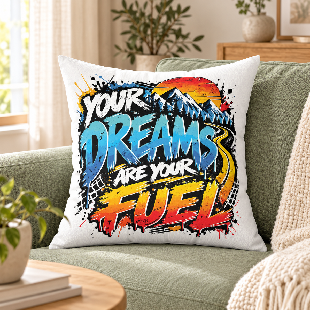 Your Dreams Are Your Fuel Grunge & Vibrant white pillow — lifestyle mockup