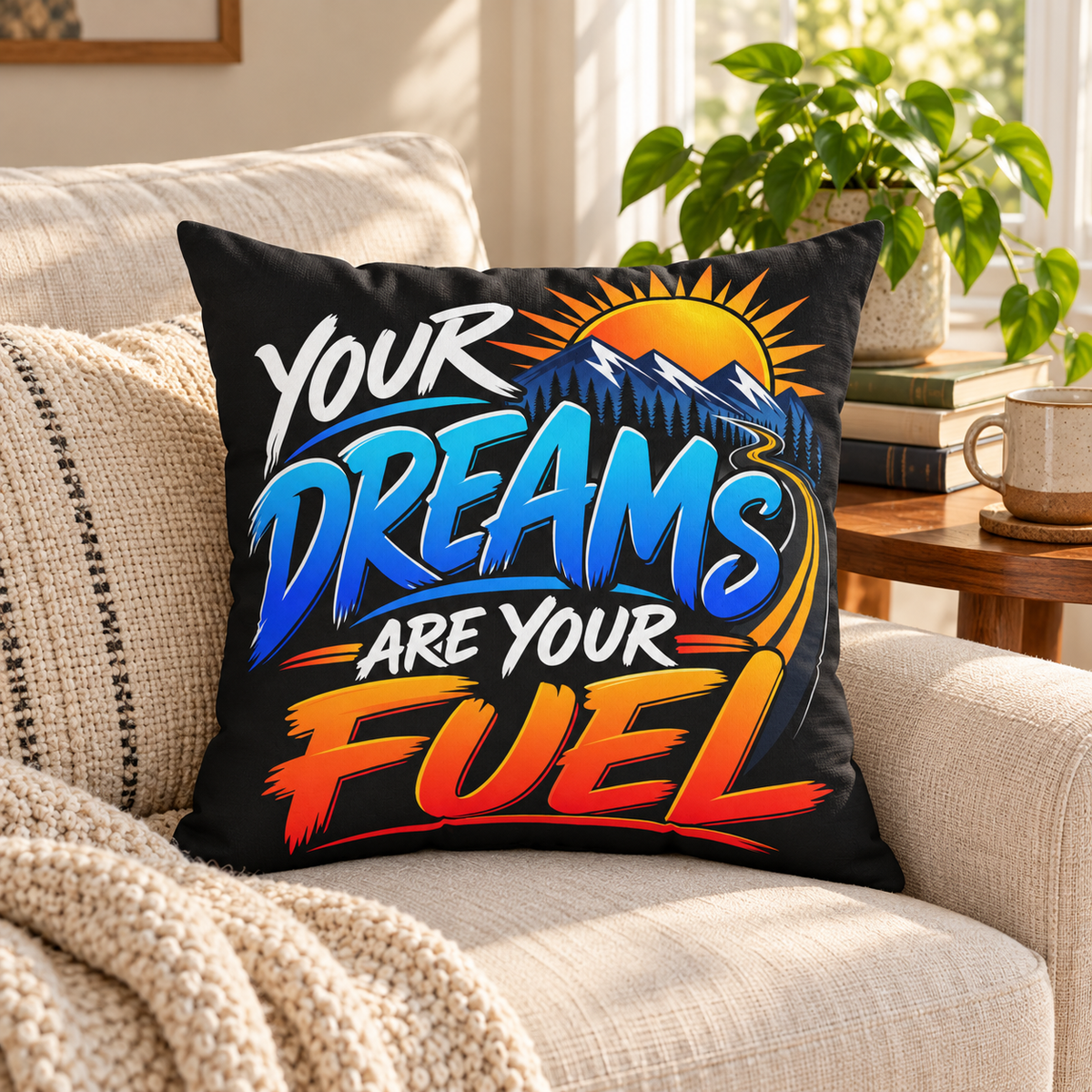 Your Dreams Are Your Fuel — Inspirational & Artistic black pillow in a sunlit living room
