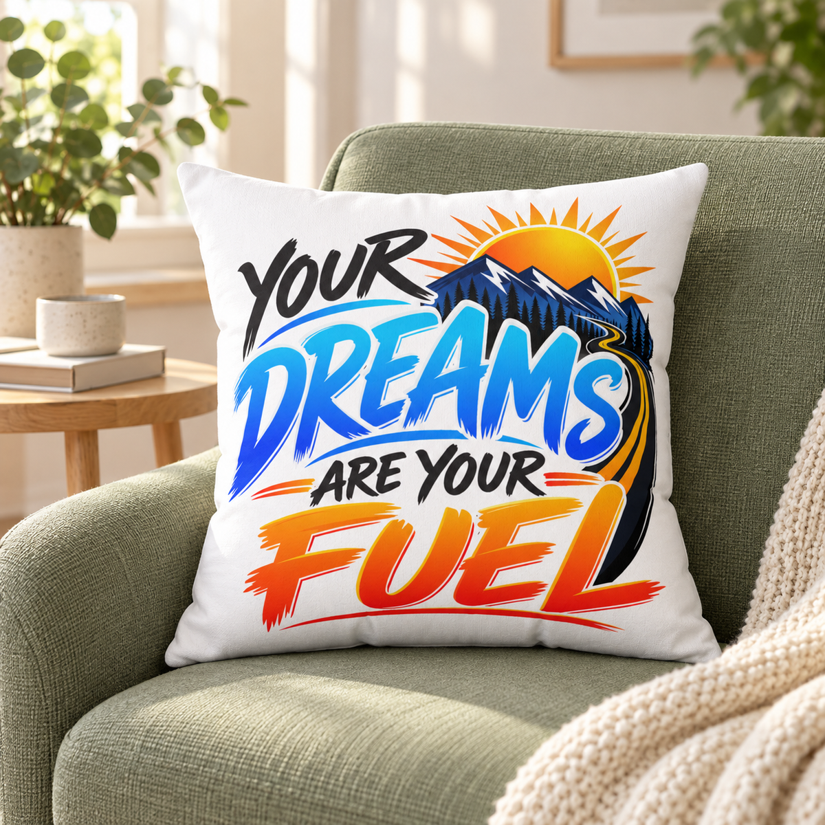 Your Dreams Are Your Fuel — Inspirational & Artistic white pillow in a sunlit living room