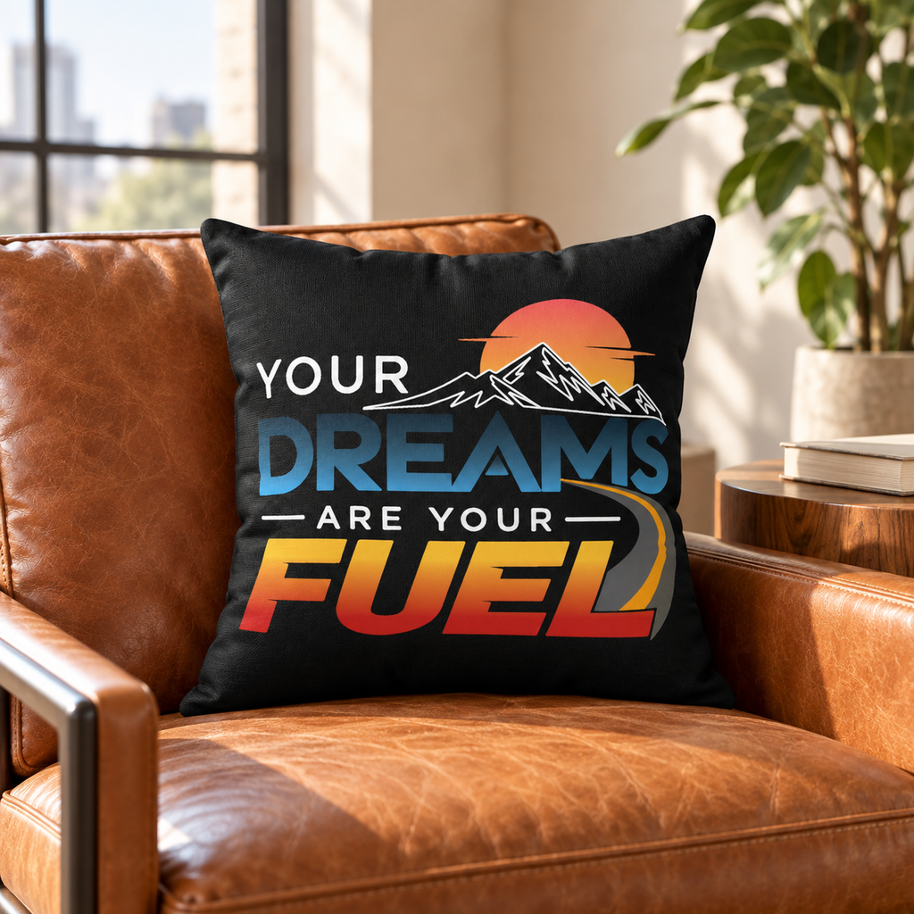 Your Dreams Are Your Fuel black Modern & Minimalist pillow in a contemporary living room
