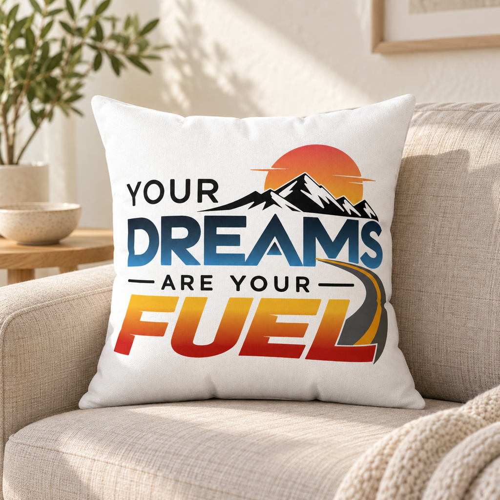 Your Dreams Are Your Fuel white Modern & Minimalist pillow in a contemporary living room