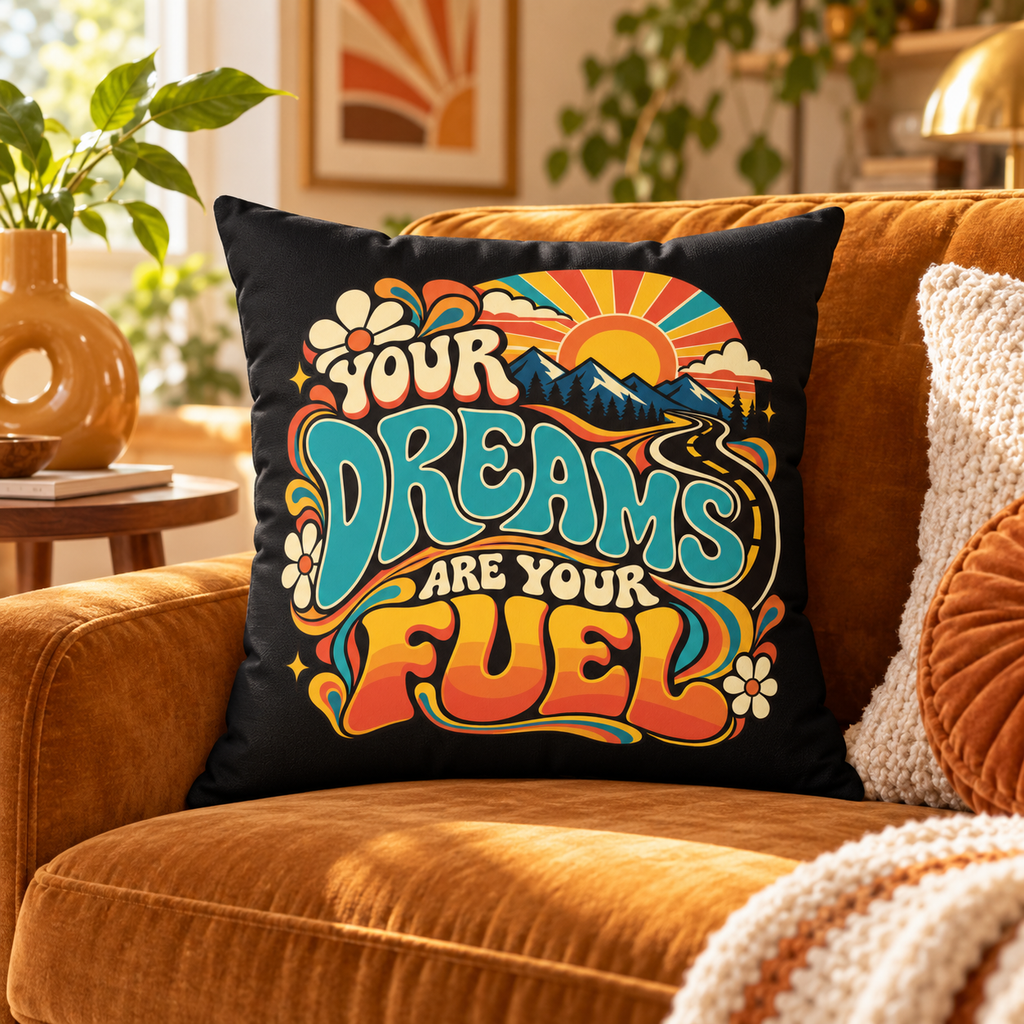 Your Dreams Are Your Fuel Retro & Psychedelic black pillow on caramel sofa
