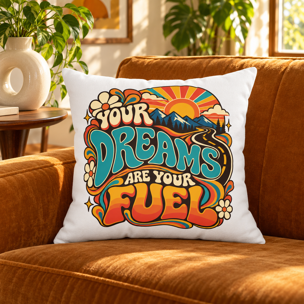 Your Dreams Are Your Fuel Retro & Psychedelic white pillow on caramel sofa