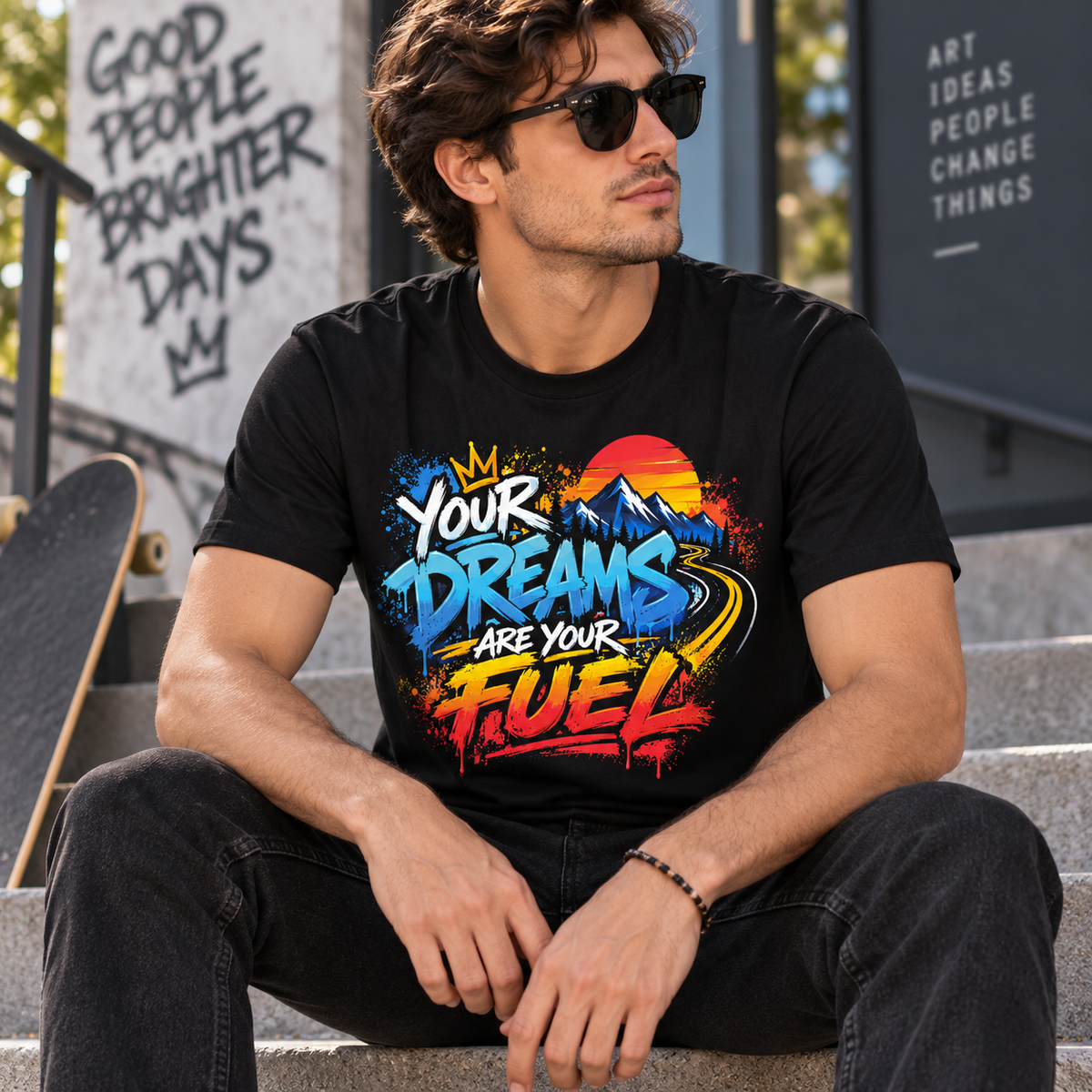 Model wearing the Echo Motif Your Dreams Are Your Fuel — Graffiti & Street Art black T-shirt in an urban street-art setting.