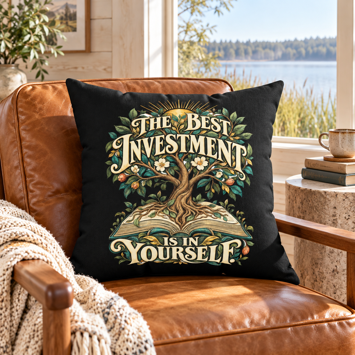 The Best Investment Is In Yourself black Inspirational & Artistic pillow — lifestyle in a lakeside cottage
